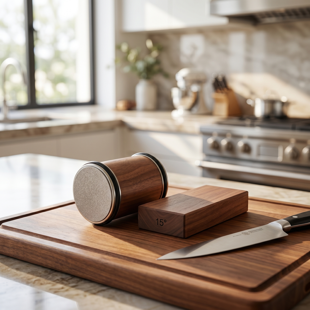 Rolling knife sharpener in a sunlit kitchen