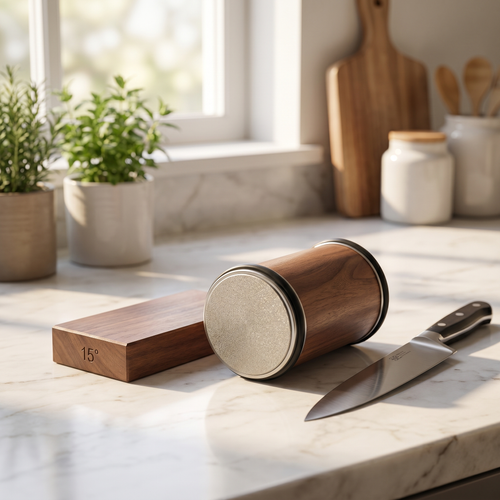 Rolling knife sharpener three-quarter angle on marble